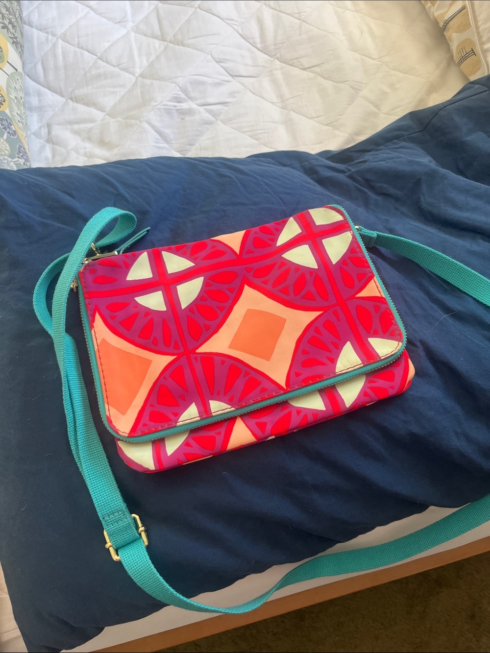Fossil Pink Coral & Teal Geometric Crossbody Bag